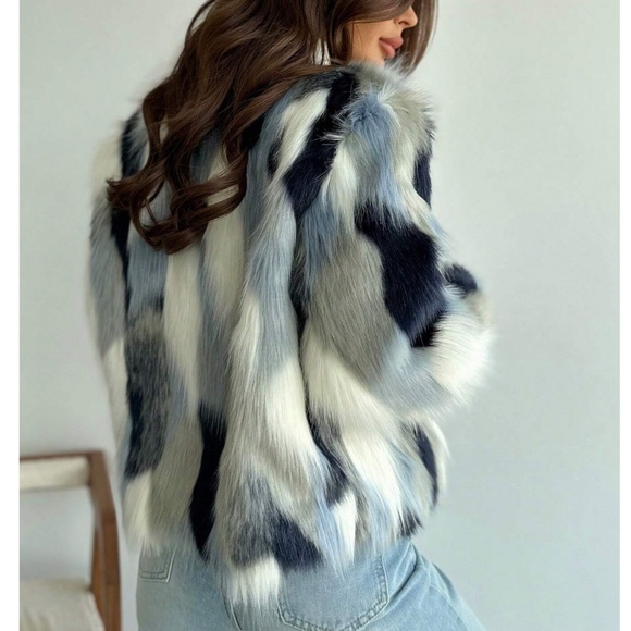 Luxe Vegan Fur Multicolor Oversized Open Front Jacket Coat - Picture 5 of 6